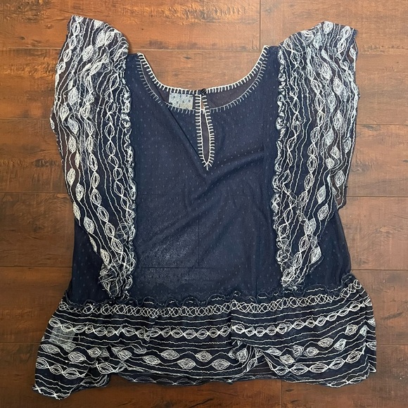 ANTHROPOLOGIE Meadow Rue Sloane Blouse Navy Sheer Dotted Mesh Top Size Large P - Picture 6 of 10